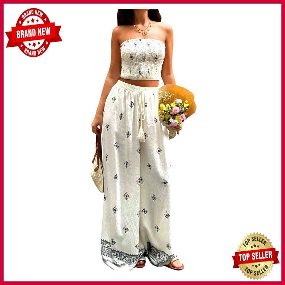 Large Rayon 2-Piece Pant Set with Tube Top, Drawstring Waist
